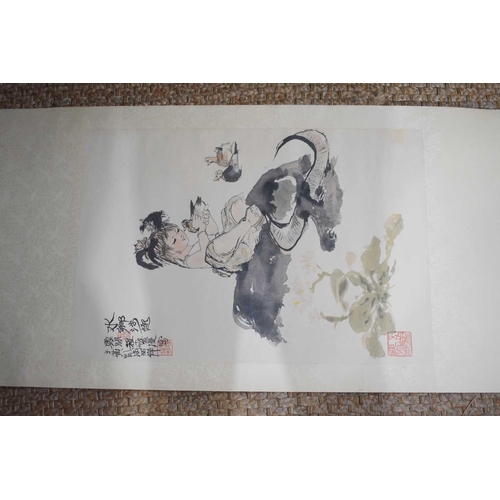 414 - A Chinese printed scroll, depicting girl with ducks, signed to the picture and verso.