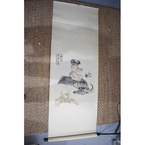 414 - A Chinese printed scroll, depicting girl with ducks, signed to the picture and verso.