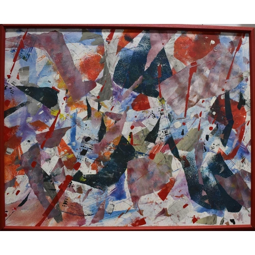 420 - Winfried Berg (20th century): Abstract oil on canvas, signed, in a red frame, 79 by 100cm.