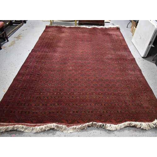 458 - A large deep red rug, possibly Bokhara, the central ground with repeating guls, and having a deep bo... 