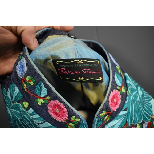 485 - A Beatrice Von Tresckow embroidered denim coat, 3/4 length, embroidered throughout with peonies, blo... 