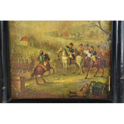 9 - A framed 19th century papier mache box lid decorated with a battle scene and an oval portrait of Mar... 