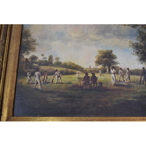 409 - Painting of an 18th century country cricket match, indistinctly signed bottom left in red, possibly ... 