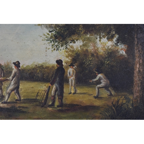 409 - Painting of an 18th century country cricket match, indistinctly signed bottom left in red, possibly ... 