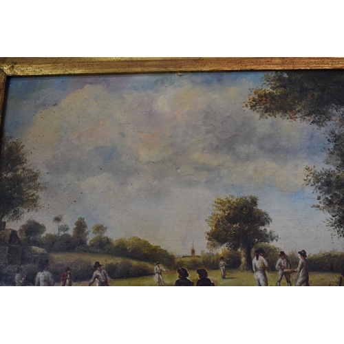 409 - Painting of an 18th century country cricket match, indistinctly signed bottom left in red, possibly ... 