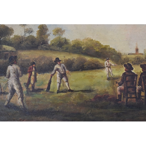 409 - Painting of an 18th century country cricket match, indistinctly signed bottom left in red, possibly ... 