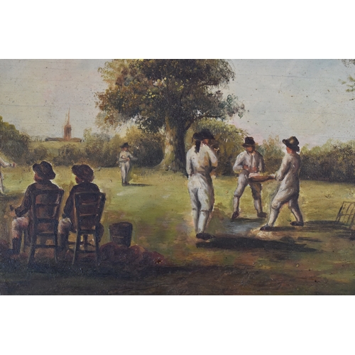 409 - Painting of an 18th century country cricket match, indistinctly signed bottom left in red, possibly ... 