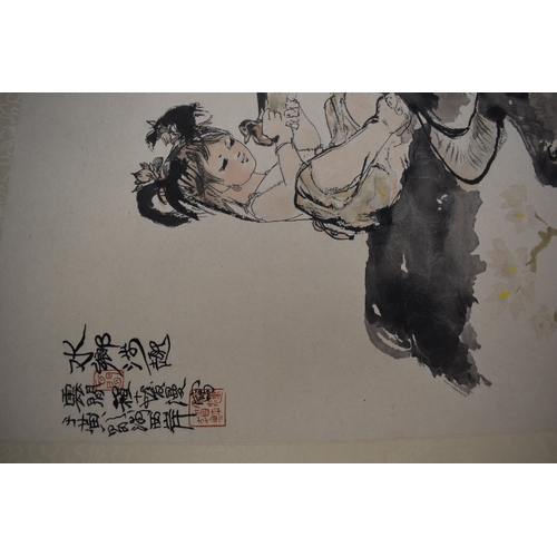 414 - A Chinese printed scroll, depicting girl with ducks, signed to the picture and verso.