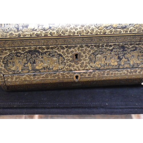 331 - A 19th century Chinese lacquer workbox, of rectangular form with canted corners, the black ground wi... 