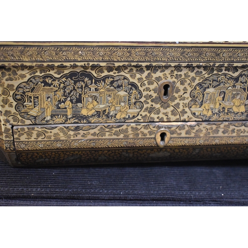 331 - A 19th century Chinese lacquer workbox, of rectangular form with canted corners, the black ground wi... 