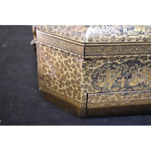 331 - A 19th century Chinese lacquer workbox, of rectangular form with canted corners, the black ground wi... 