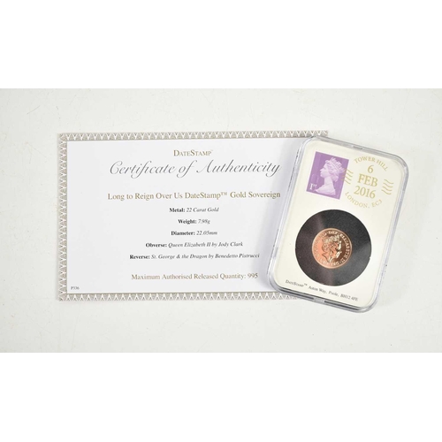 16 - A Queen Elizabeth II 22ct gold sovereign, 2016, sealed in a Datestamp case, with certificate.