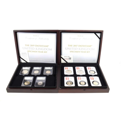 28 - Two Queen Elizabeth II 2017 and 2019 United Kingdom DateStamp specimen coin sets, in capsules and ca... 