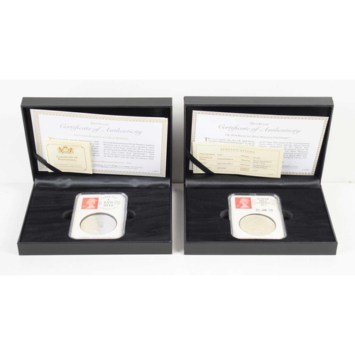 36 - Two Datestamp silver 1oz Britannia coins, 2018 and 2020, in original box and with certificates.