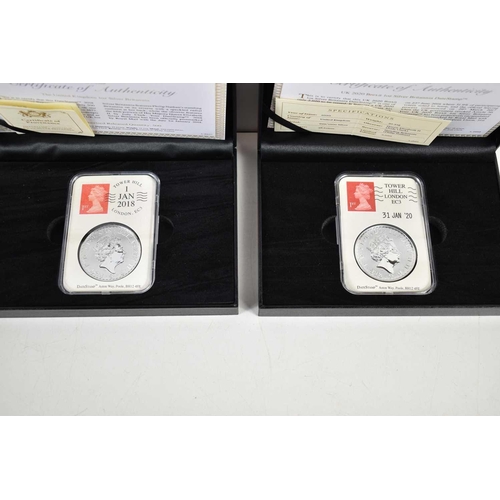 36 - Two Datestamp silver 1oz Britannia coins, 2018 and 2020, in original box and with certificates.