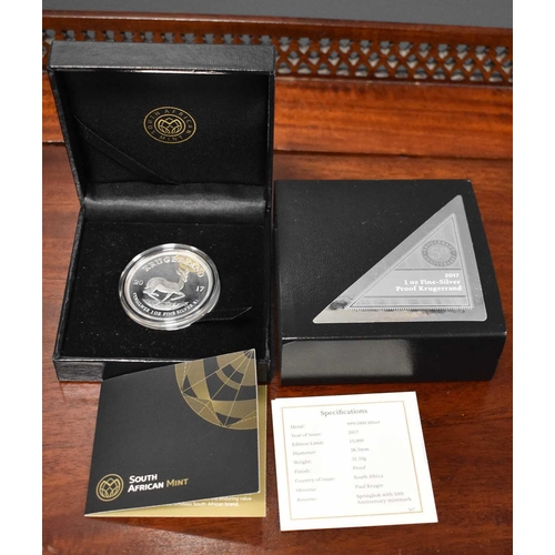 45 - A South Africa Mint 2017 1oz Fine Silver Proof Krugerrand, with certificate of authenticity, with ca... 