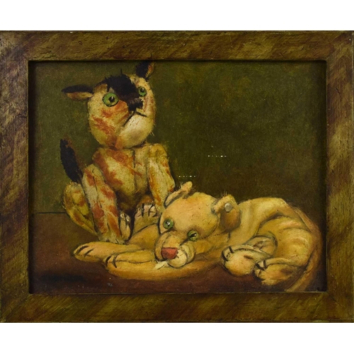 1 - Thensser (20th century): still life of two teddy bears, oil on board, signed lower left, 18 by 23cm.