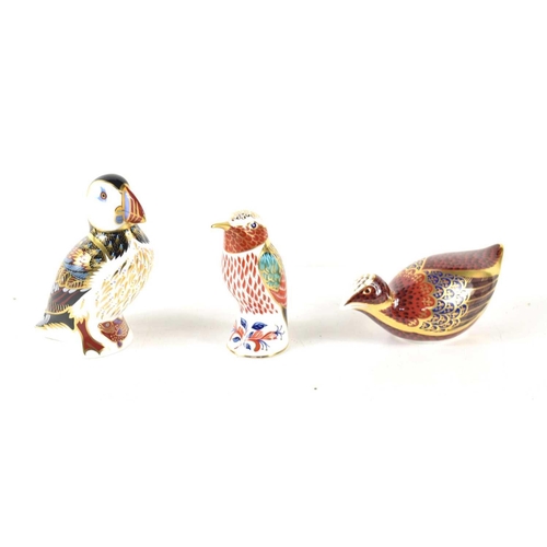 101 - A group of three Royal Crown Derby paperweights comprising of Puffin, Coot and Kingfisher, 10cm high... 