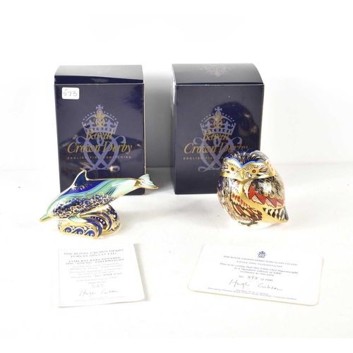 108 - Two Royal Crown Derby animal paperweights, a signature edition little owl paperweight number 573 / 1... 