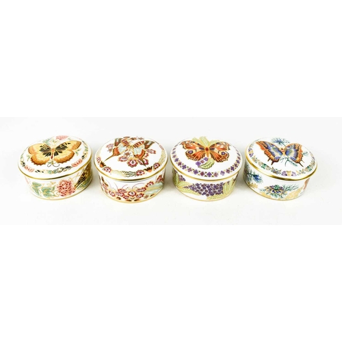 109 - Four Royal Crown Derby bone china Butterflies of the World trinket dishes with covers.
