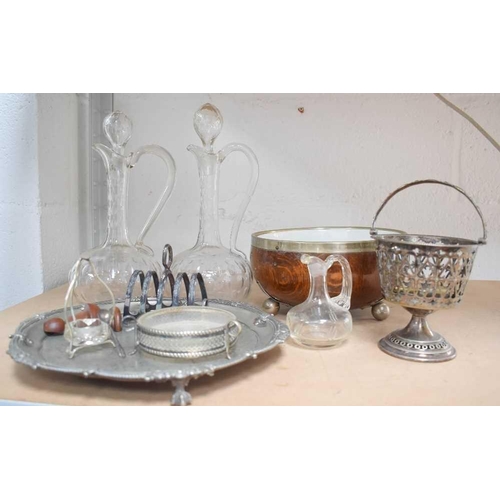 145 - Two cut glass decanters with handles and stoppers, together with various silver plate including a si... 