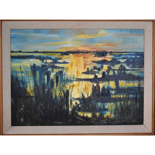 17 - J. Hutton (British 20th century): an abstract landscape of a fenland sunset, signed bottom left, oil... 