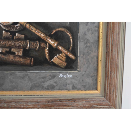 2 - Baglee (20th century): a pair of still life paintings depicting key groups, Trompe L'oeil, oil on bo... 