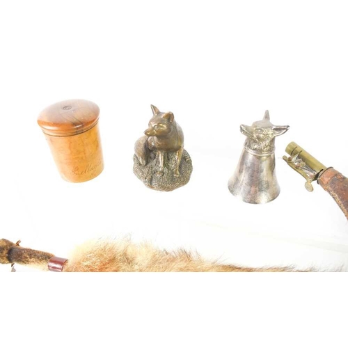 219 - A group of hunting and shooting accessories, including two hunting horns, a powder flask, a silver p... 