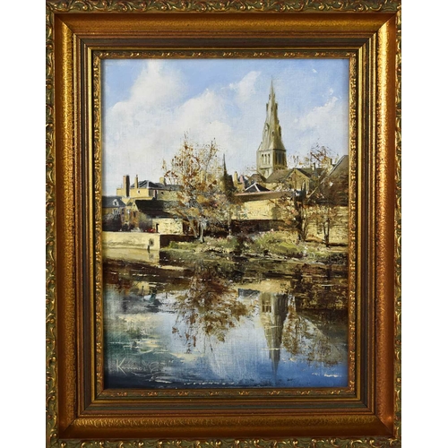 25 - Konrad E (British 20th Century): view of St Mary's Church, Stamford from across the meadows, signed ... 