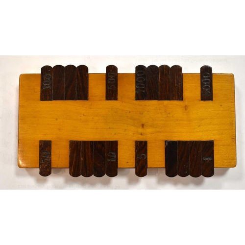 294 - Three 19th century treen games score boards, one bearing stamped numeral increments, in various spec... 