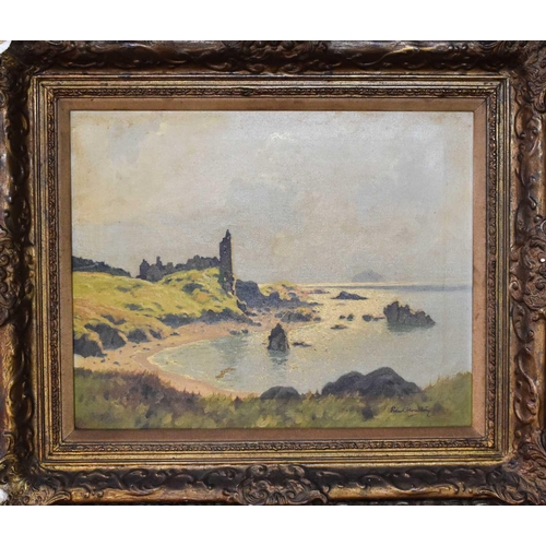 31 - Robert Houston RSW (Scottish 1891 - 1942): Dunure Castle, South Ayrshire with Ailsa Craig in the bac... 