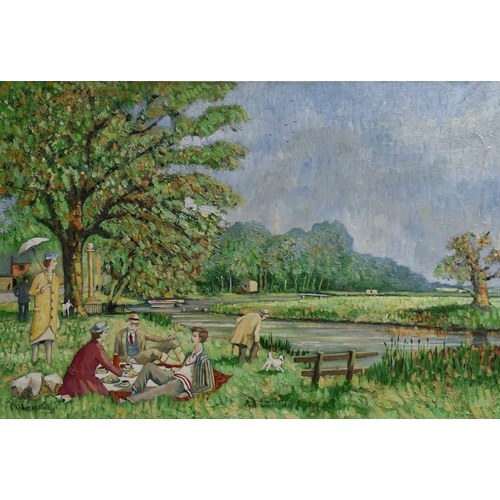 32 - C Stephenson-Mole (20th Century British): Picnic at Denford, oil on canvas, 59 by 86cm oil on canvas... 