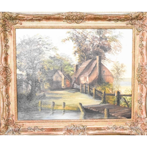 40 - English school, a view of cottages within a watery landscape, indistinctly signed bottom right, oil ... 