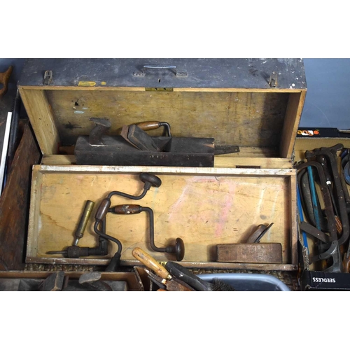 408 - A wooden carpenters tool box together with a quantity of tools to include set squares, wood plane, s... 