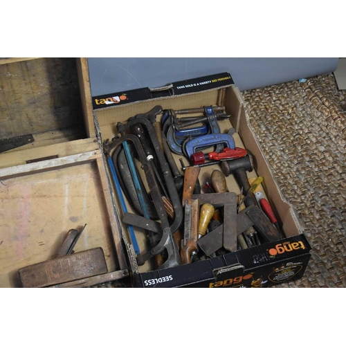 408 - A wooden carpenters tool box together with a quantity of tools to include set squares, wood plane, s... 