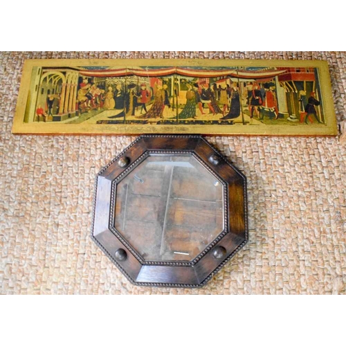 428 - An Arts and Crafts style oak octagonal wall mirror, with bevelled glass, 45 by 45cm, together with a... 