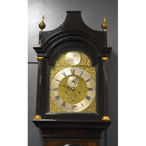 446 - An 18th century longcase clock by Christopher Biggin of Wisbich, the brass clock face having pieced ... 