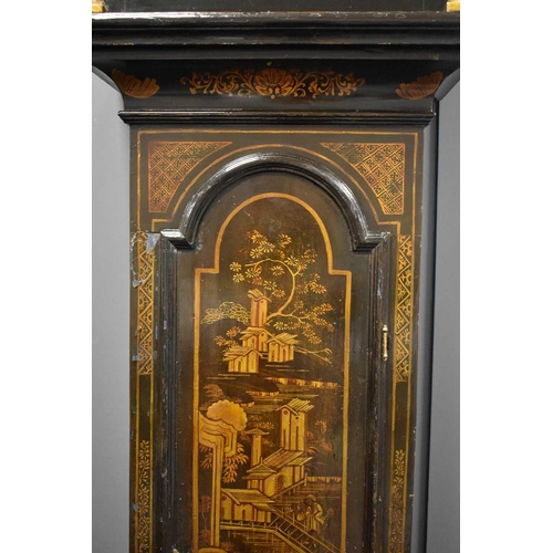 446 - An 18th century longcase clock by Christopher Biggin of Wisbich, the brass clock face having pieced ... 