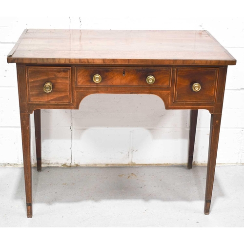 463 - A 19th century mahogany side table with one short and two deep drawers enhanced with stringing raise... 