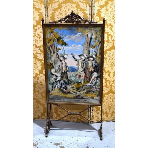 464 - A late 19th century embroidered firescreen, the painted ground embroidered and appliqued in detail w... 