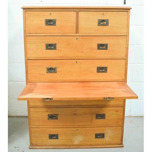 475 - A 19th century mahogany campaign type chest of drawers, with two over four long graduated drawers, w... 