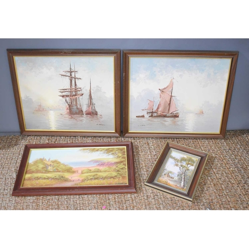 48 - A group of four oil paintings to include a pair by C. Alexis depicting sailing ships, 60cm by 50cm.