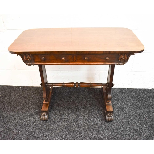 483 - A William IV mahogany sofa table, with two drawers, shaped silhouette cut supports united by a turne... 