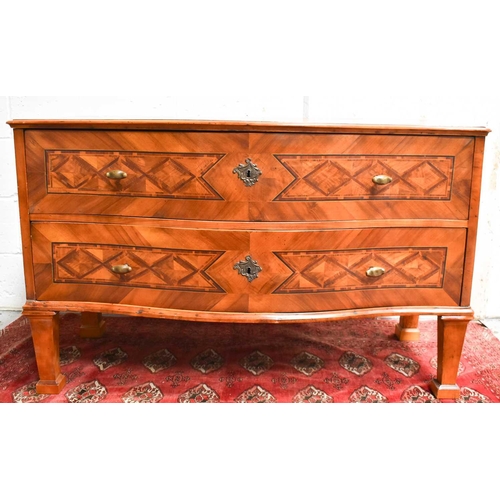 491 - A late 18th / early 19th century French satinwood commode, of serpentine form, with two long parquet... 