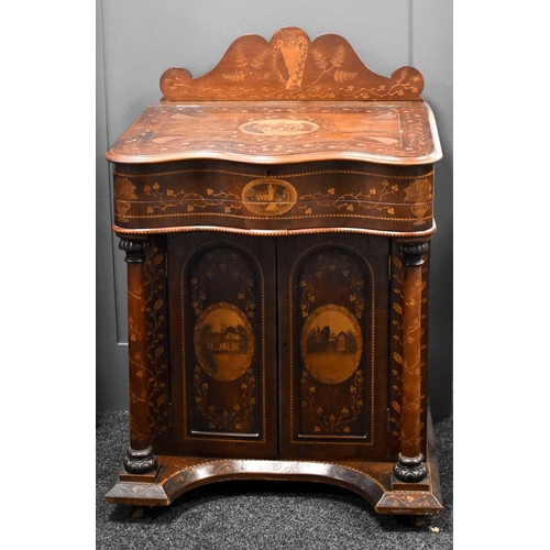 496 - A large Victorian Irish arbutus wood Killarney marquetry davenport attributed to Arthur Jones of Dub... 