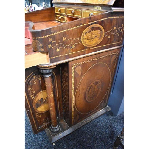 496 - A large Victorian Irish arbutus wood Killarney marquetry davenport attributed to Arthur Jones of Dub... 