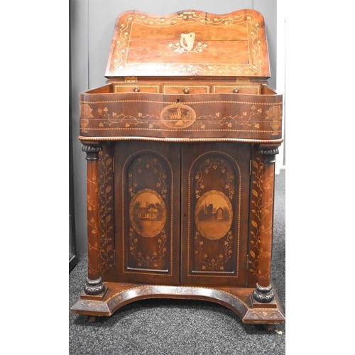 496 - A large Victorian Irish arbutus wood Killarney marquetry davenport attributed to Arthur Jones of Dub... 