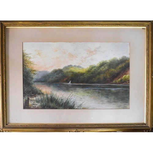 51 - John Thorley (19th century): lakeside landscape with boat, signed lower right, 35 by 53cm.