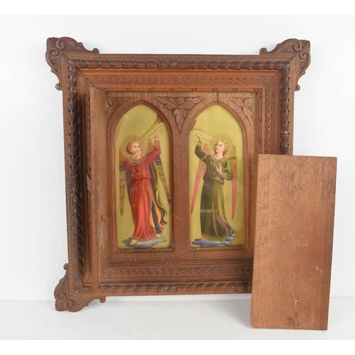 54 - A 19th century Arts and Crafts icon type picture, inset with two overpainted prints of angels within... 