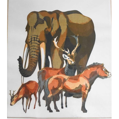 58 - John Paige (b.1928): screen print depicting an elephant, a red deer, a roe buck and a pony, signed b... 